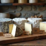 Différentes crottes de Loire à stades d'affinage variés sur une planche en bois, avec étiquettes d'identification artisanales