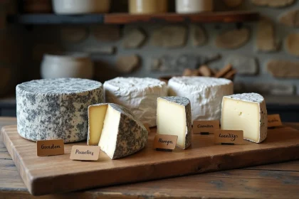 Différentes crottes de Loire à stades d'affinage variés sur une planche en bois, avec étiquettes d'identification artisanales