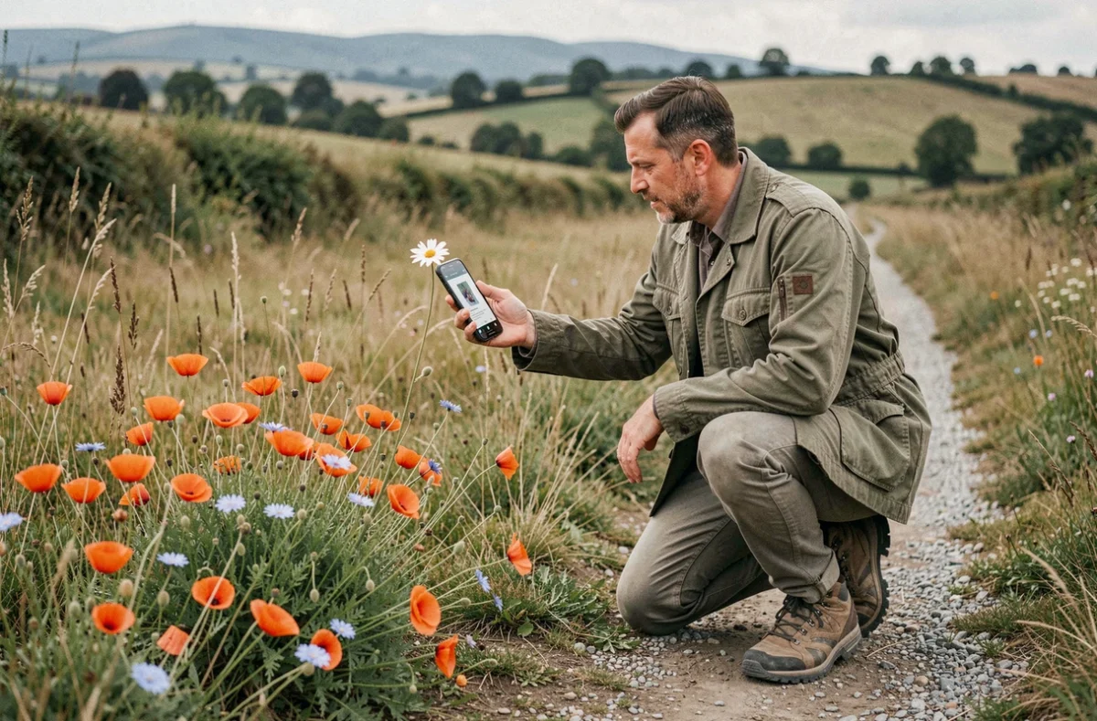Randonneur identifiant des fleurs sauvages avec une application mobile dans une prairie naturelle en campagne