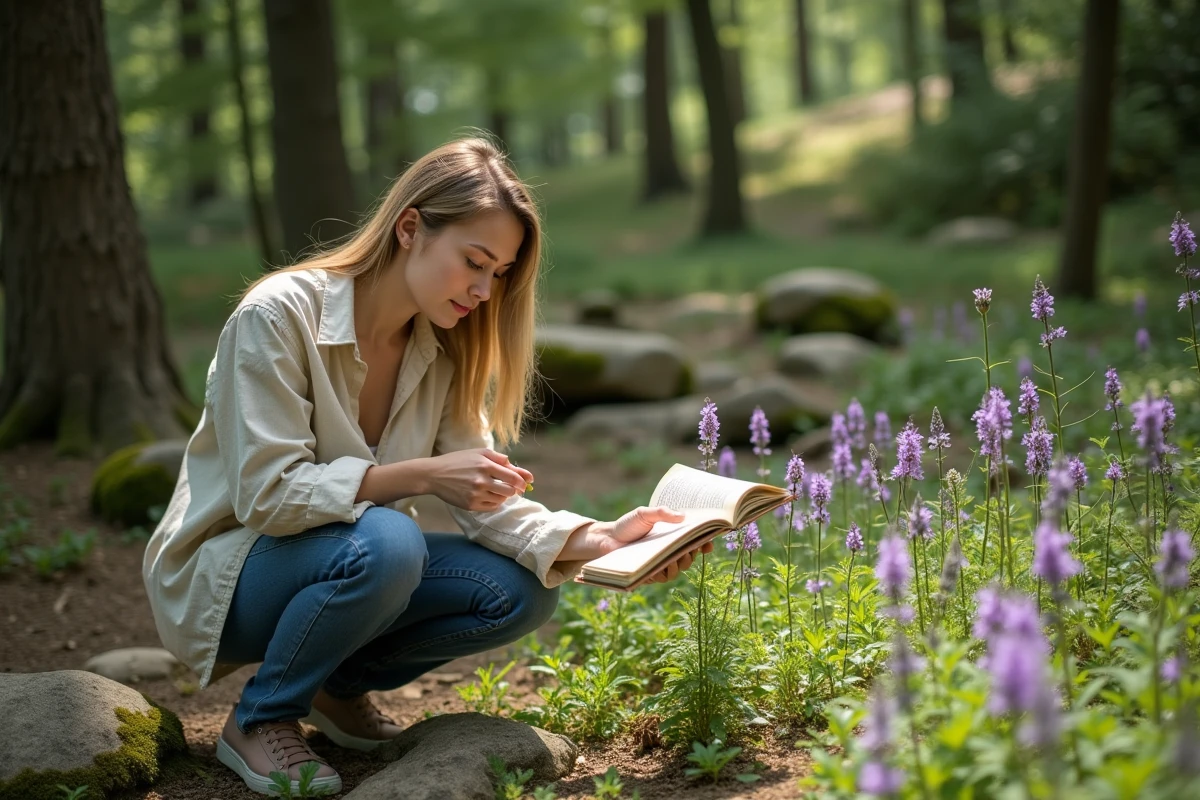 Femme identifiant des fleurs sauvages mauves dans une clairière forestière avec un guide botanique
