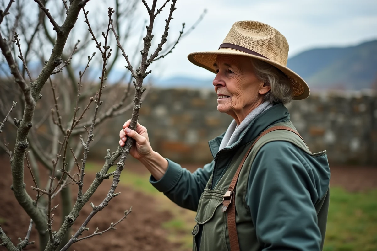 Femme âgée inspectant un arbre à peche dans le jardin
