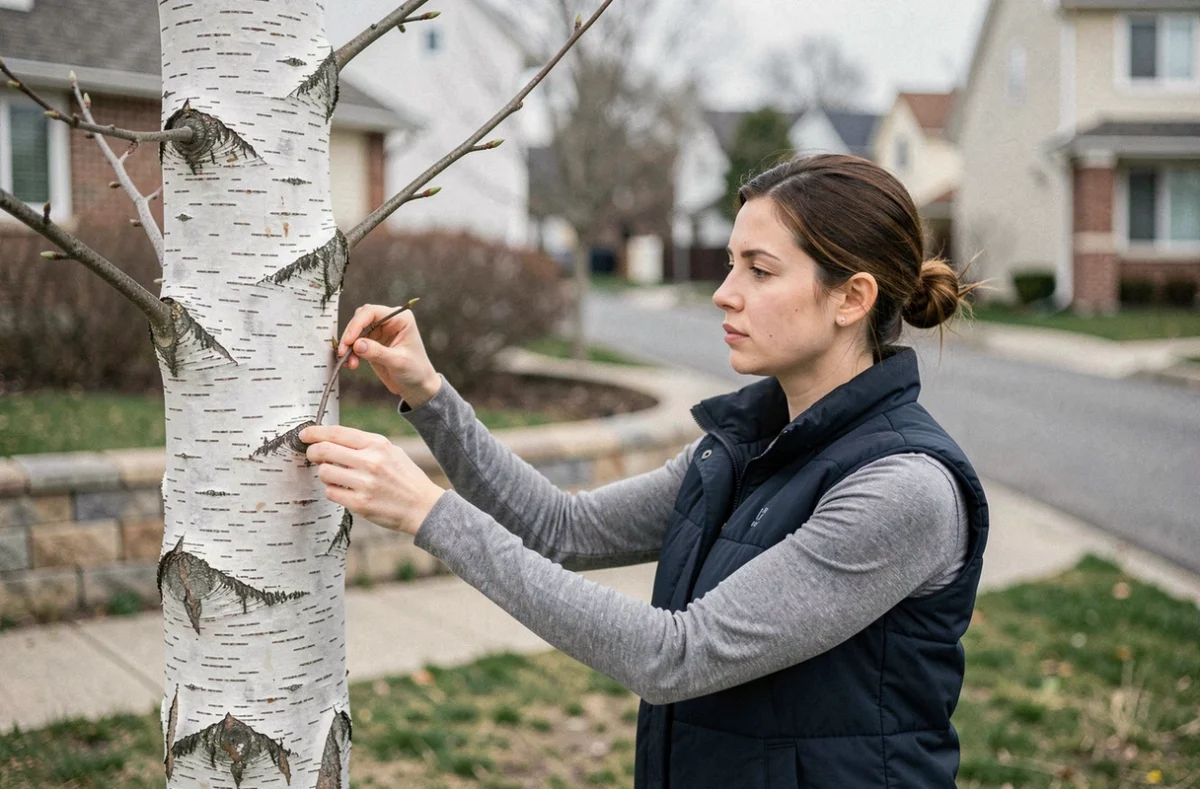 Femme inspectant une branche croisée d'un jeune bouleau dans un jardin de banlieue au printemps