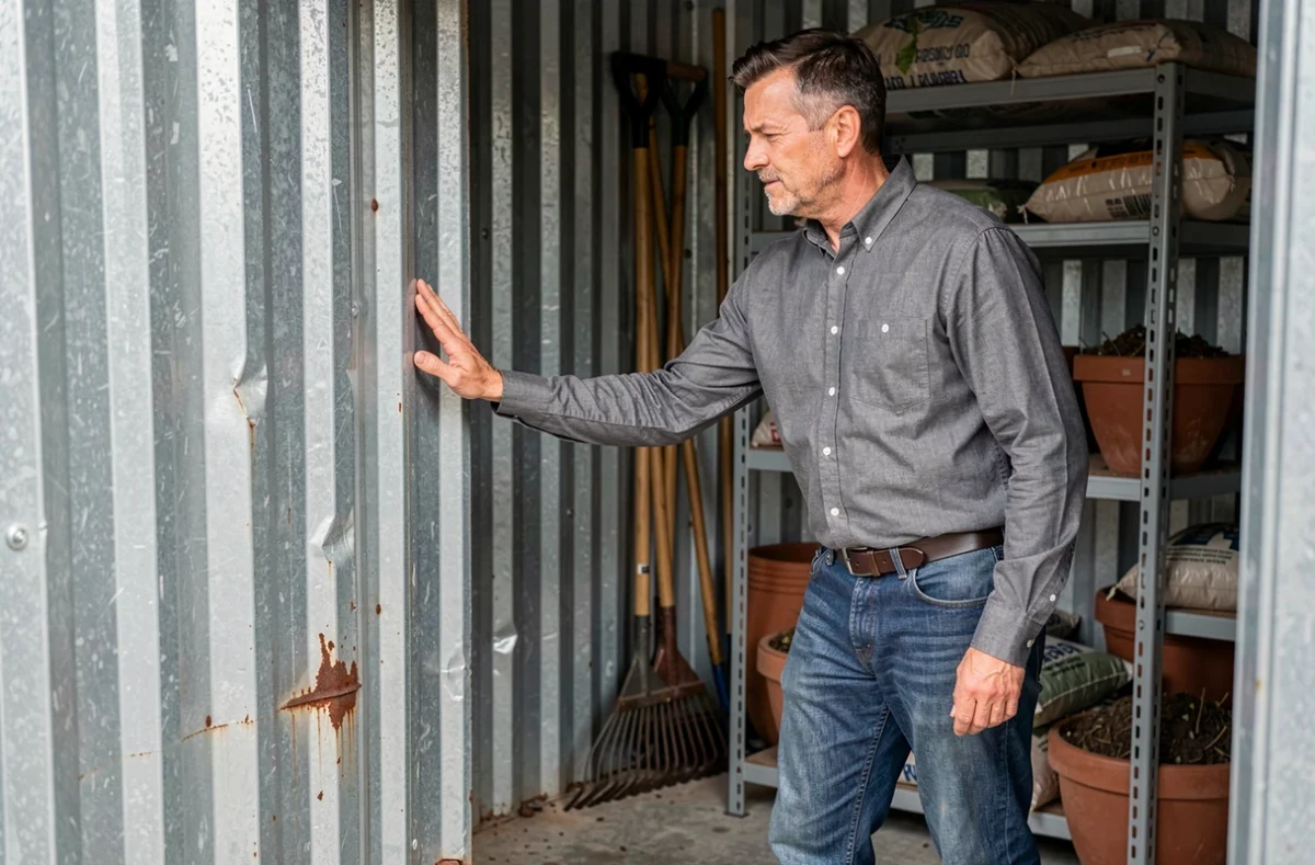 Homme inspectant l'intérieur rouillé d'un conteneur transformé en abri de jardin de stockage
