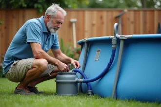 Homme inspectant la pompe et le filtre d'une piscine Intex hors-sol dans un jardin, vérifiant les connexions des tuyaux pour diagnostiquer une fuite ou un désamorçage