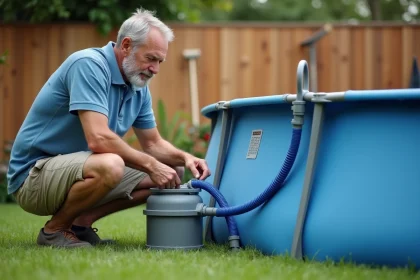 Homme inspectant la pompe et le filtre d'une piscine Intex hors-sol dans un jardin, vérifiant les connexions des tuyaux pour diagnostiquer une fuite ou un désamorçage