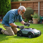 Homme vérifiant les lames d'une tondeuse robot dans le jardin
