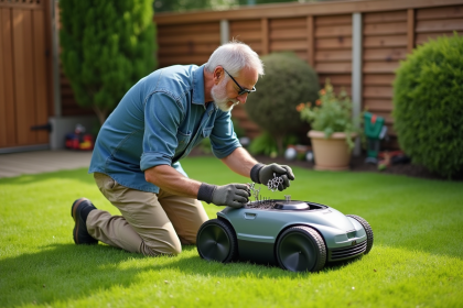 Homme vérifiant les lames d'une tondeuse robot dans le jardin