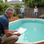 Installateur de piscine coque examinant un devis avec des propriétaires lors de la pose d'une piscine coque en polyester dans un jardin suburban