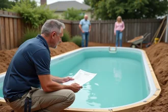 Installateur de piscine coque examinant un devis avec des propriétaires lors de la pose d'une piscine coque en polyester dans un jardin suburban