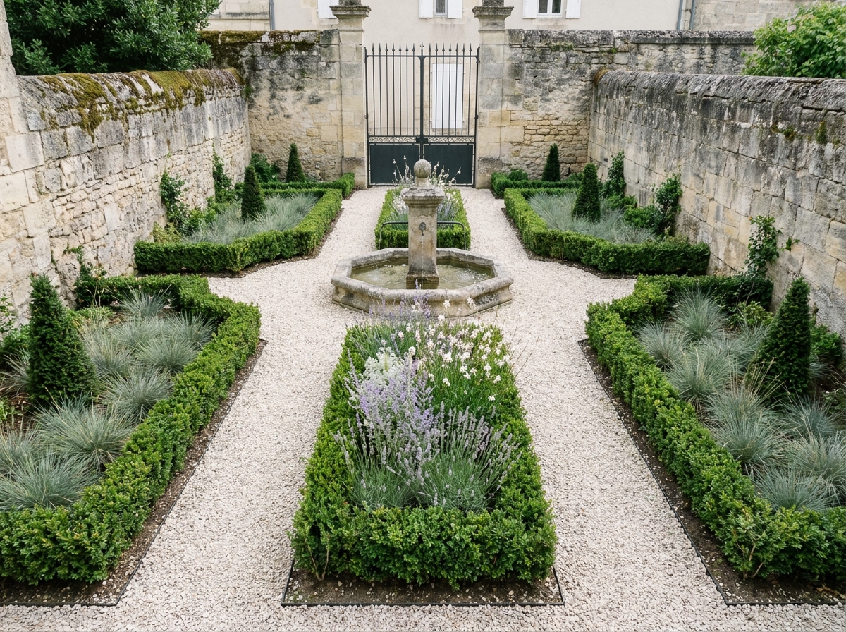 Jardin résidentiel aménagé par un spécialiste paysagiste à Bordeaux avec fontaine en pierre et haies sculptées
