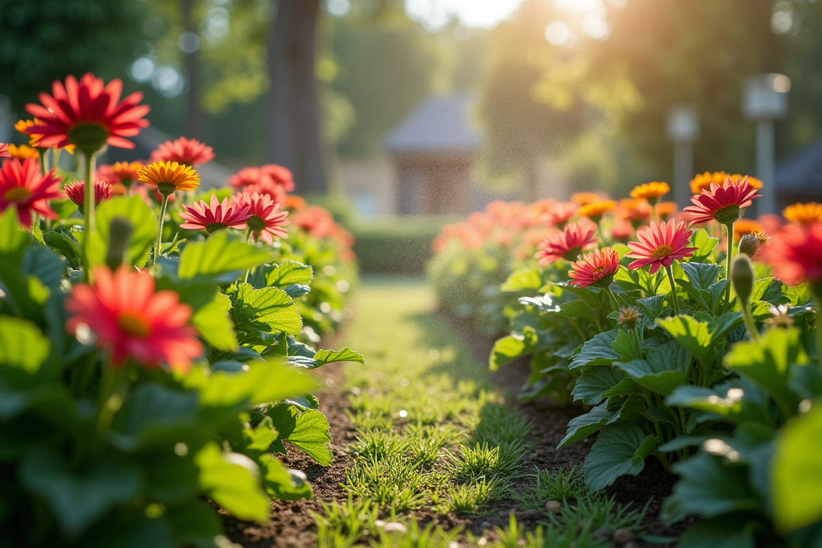 Fleurs de jardin saines et colorées sous un système d
