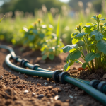 Jardin avec plantes fanées et tuyaux d'irrigation fuyants