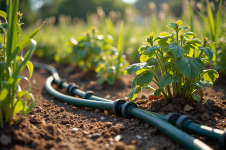 Jardin avec plantes fanées et tuyaux d'irrigation fuyants