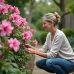 Femme taillant une azalée en jardinage