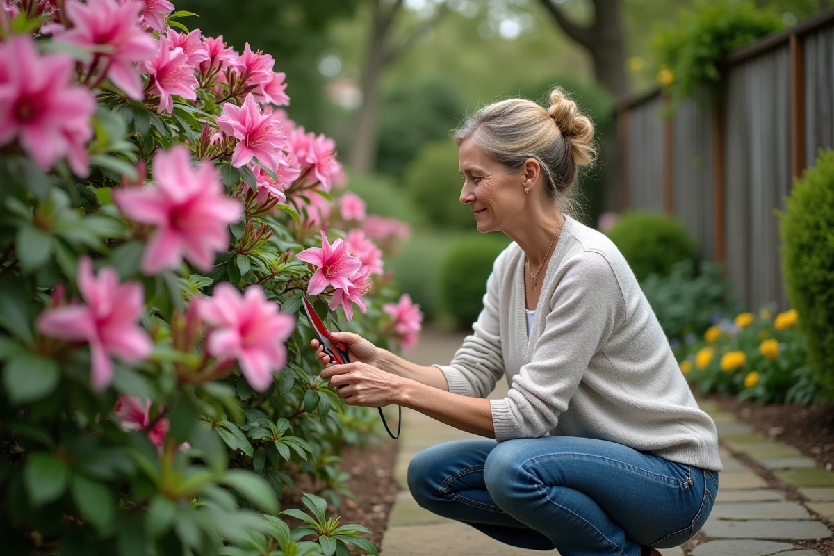 Femme taillant une azalée en jardinage