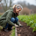 Femme plantant des carottes dans un jardin au printemps