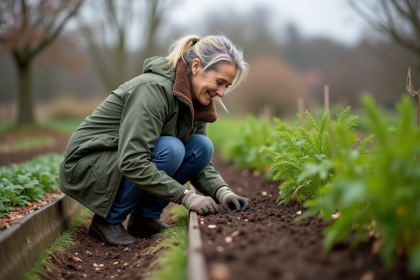 Femme plantant des carottes dans un jardin au printemps