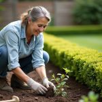 Femme d'âge moyen plantant des perennials dans un jardin