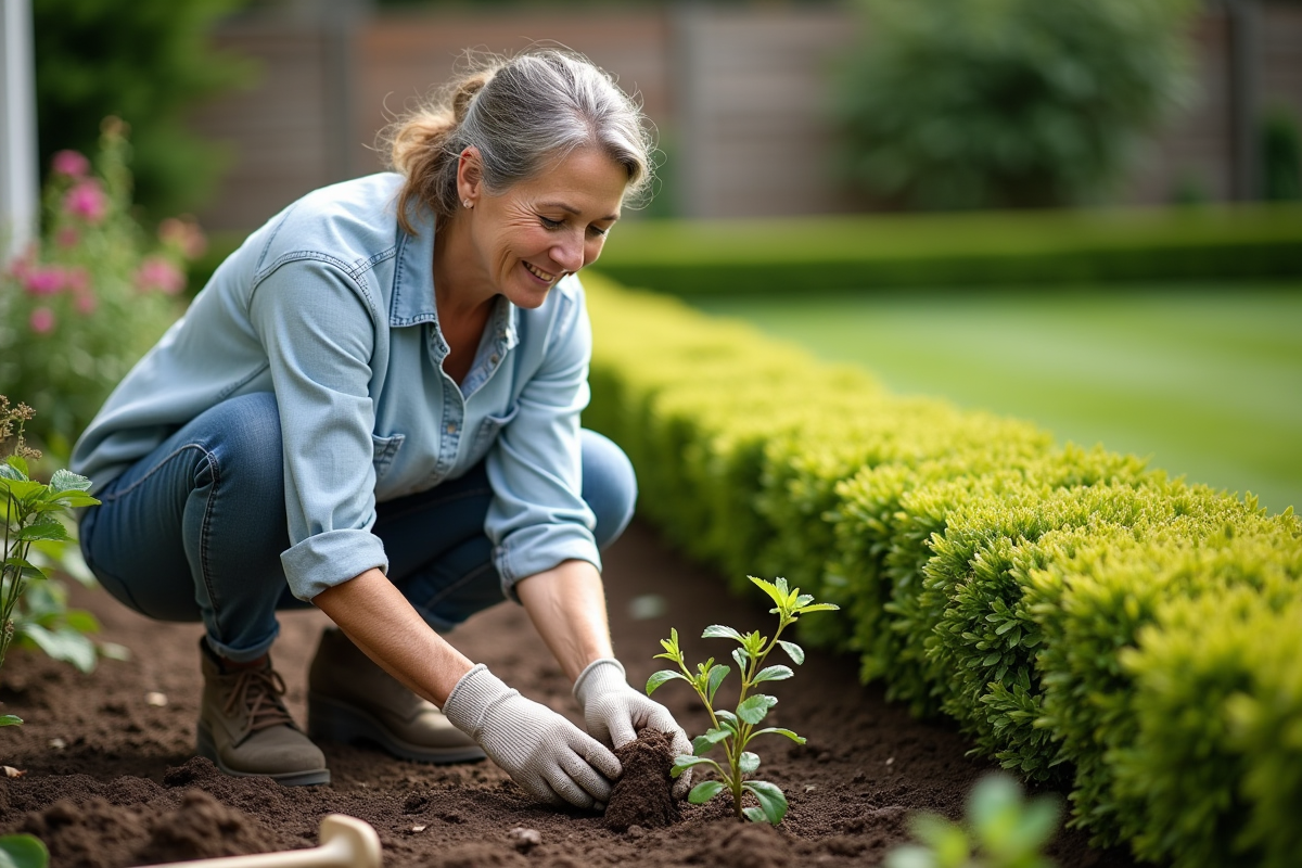 Femme d'âge moyen plantant des perennials dans un jardin