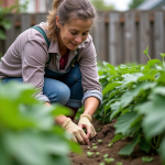Femme jardinant inspectant des haricots verts dans un jardin