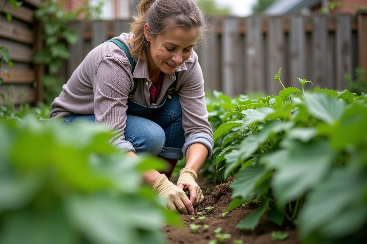 Femme jardinant inspectant des haricots verts dans un jardin