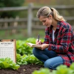 Femme dans son jardin avec calendrier lunaire et notes