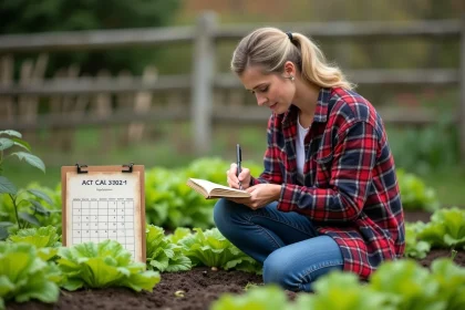 Femme dans son jardin avec calendrier lunaire et notes