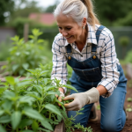 Femme d'âge moyen dans un jardin potager inspectant des tomates