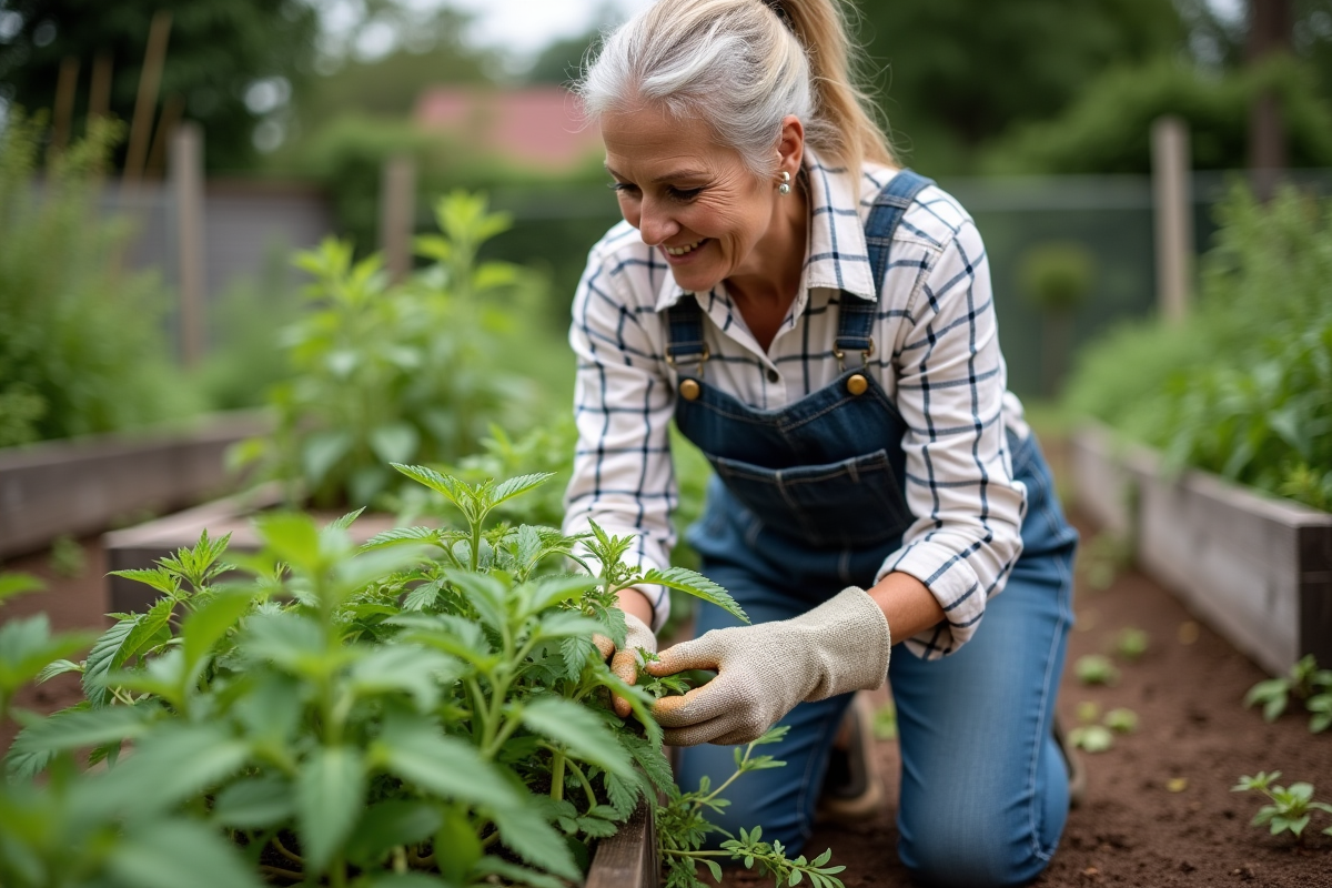 Femme d'âge moyen dans un jardin potager inspectant des tomates
