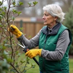 Femme jardinant examine branches de jasmin étoilé givrées
