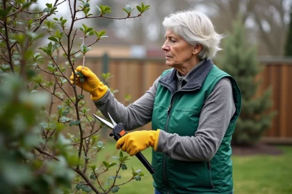 Femme jardinant examine branches de jasmin étoilé givrées