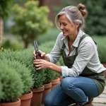 Femme en jardinage prune une sauge avec secateurs