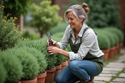 Femme en jardinage prune une sauge avec secateurs