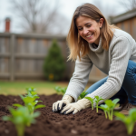 Femme souriante en jardinage plantant des jeunes légumes