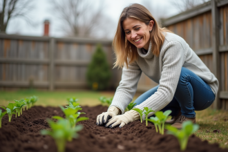 Femme souriante en jardinage plantant des jeunes légumes