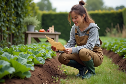 Femme plantant des semis dans un jardin verdoyant