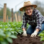 Femme dans son jardin en train de semer des haricots verts