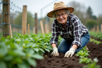 Femme dans son jardin en train de semer des haricots verts