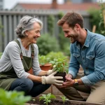 Deux jardiniers bénévoles qui échangent des plants de légumes dans un jardin partagé urbain