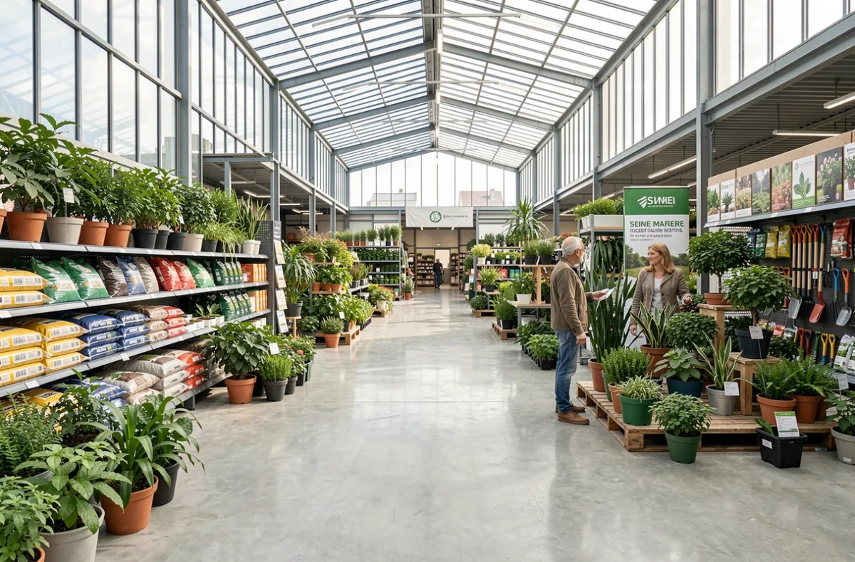 La Jardinerie Truffaut d'Isneauville en Seine-Maritime avec son vaste espace intérieur moderne, des plantes en pot et un couple parcourant le rayon des plantes d'intérieur