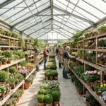 Vue panoramique d'une jardinerie en Île-de-France avec des allées remplies de plantes colorées et des clients qui se promènent sous une serre vitrée