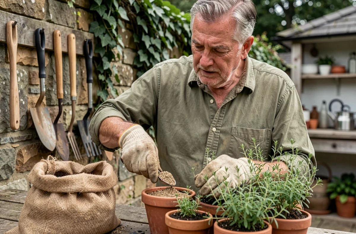 Jardinier expérimenté ajoutant de l'engrais organique autour de plants de thym en pots de terracotta