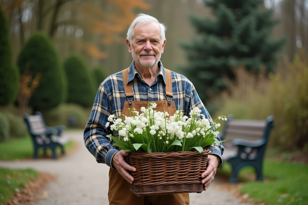 Jardinier âgé tenant un panier de fleurs de saison dans un parc