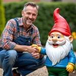 Jardinier souriant ajustant un gnome coloré dans le jardin