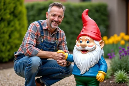 Jardinier souriant ajustant un gnome coloré dans le jardin