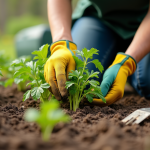 Jardinier arrachant des mauvaises herbes vertes dans un jardin au printemps