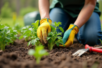 Jardinier arrachant des mauvaises herbes vertes dans un jardin au printemps