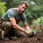 Jardinier au jardin avec ver de terre dans la main