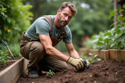 Jardinier au jardin avec ver de terre dans la main