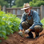 Homme d'âge moyen dans un jardin de légumes en train de s'occuper de tomates